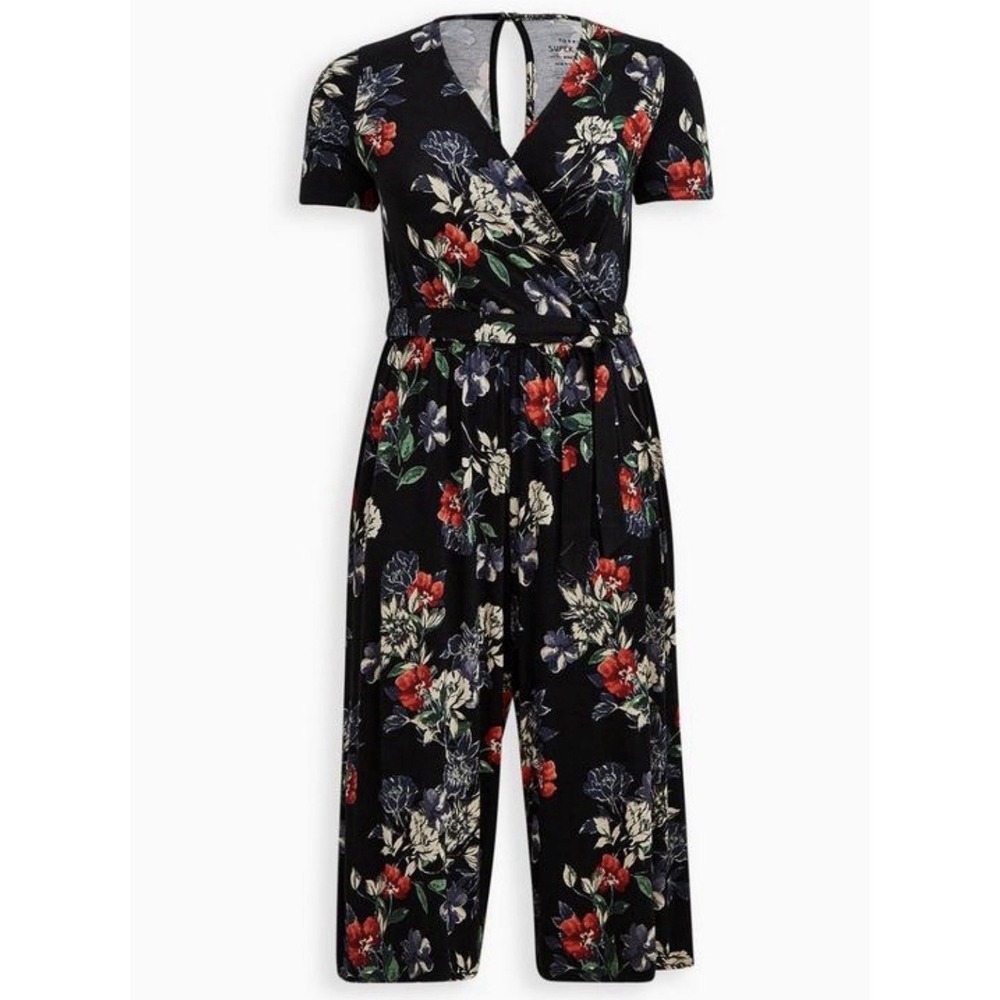 torrid Black Floral Wrap Jumpsuit with Red, White & Green Accents